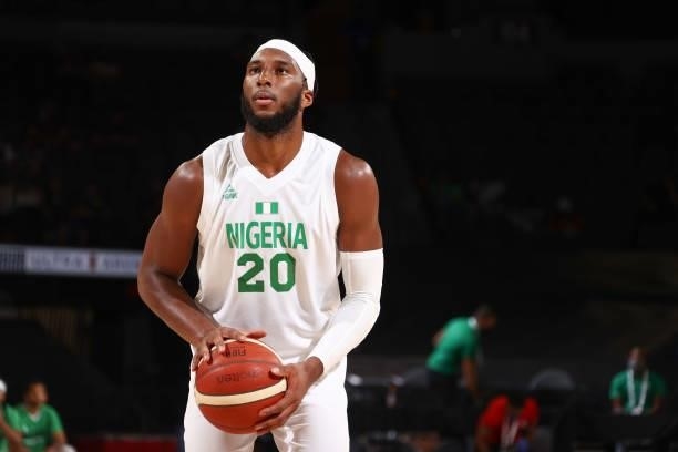 Josh Okogie of the Nigeria Men's National Team shoots a free throw during the game against the Argentina Men's National Team on July 12, 2021 at...