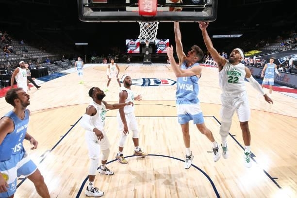 Leandro Bolmaro of the Argentina Men's National Team drives to the basket during the game against the Nigeria Men's National Team on July 12, 2021 at...