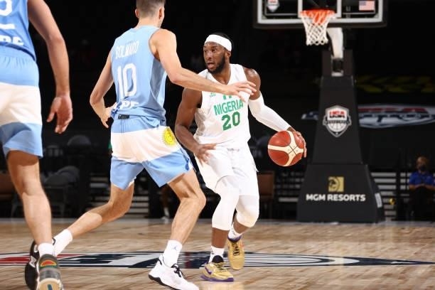 Josh Okogie of the Nigeria Men's National Team handles the ball during the game against the Argentina Men's National Team on July 12, 2021 at...