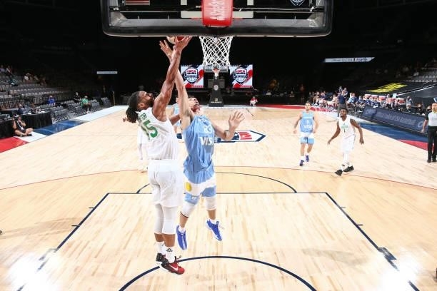 Jahlil Okafor of the Nigeria Men's National Team blocks Tayavek Gallizzi of the Argentina Men's National Team during the game on July 12, 2021 at...