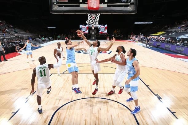 Stanley Okoye of the Nigeria Men's National Team rebounds the ball during the game against the Argentina Men's National Team on July 12, 2021 at...