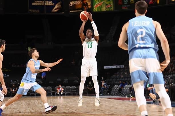 Miye Oni of the Nigeria Men's National Team shoots a three point basket during the game against the Argentina Men's National Team on July 12, 2021 at...