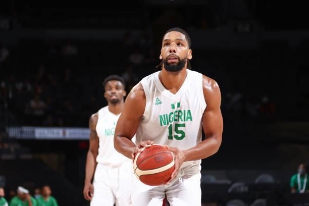 Jahlil Okafor of the Nigeria Men's National Team shoots a free throw during the game against the Argentina Men's National Team on July 12, 2021 at...