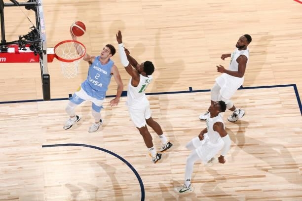 Maximo Fjellerup of the Argentina Men's National Team drives to the basket during the game against the Nigeria Men's National Team on July 12, 2021...