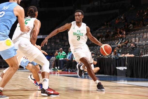 Calab Agada of the Nigeria Men's National Team handles the ball during the game against the Argentina Men's National Team on July 12, 2021 at...