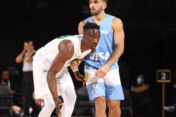 Miye Oni of the Nigeria Men's National Team look on during the game on July 12, 2021 at Michelob ULTRA Arena in Las Vegas, Nevada. NOTE TO USER: User...