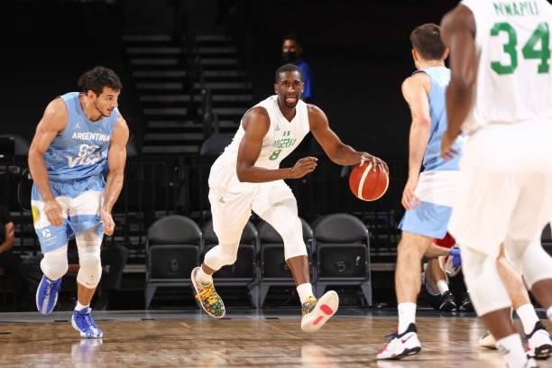 Ekpe Udoh of the Nigeria Men's National Team handles the ball during the game against the Argentina Men's National Team on July 12, 2021 at Michelob...