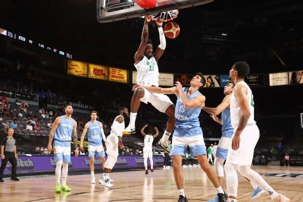 Chimezie Metu of the Nigeria Men's National Team dunks the ball during the game against the Argentina Men's National Team on July 12, 2021 at...