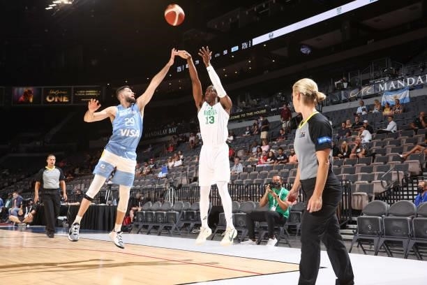 Miye Oni of the Nigeria Men's National Team shoots a three point basket during the game against the Argentina Men's National Team on July 12, 2021 at...