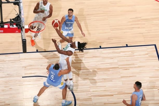 Precious Achiuwa of the Nigeria Men's National Team drives to the basket during the game against the Argentina Men's National Team on July 12, 2021...