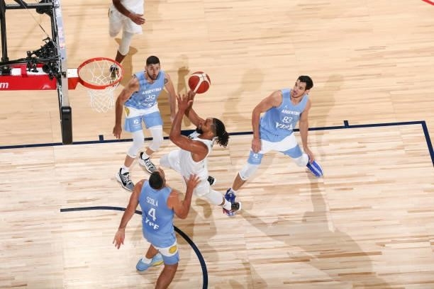 Jahlil Okafor of the Nigeria Men's National Team drives to the basket during the game against the Argentina Men's National Team on July 12, 2021 at...