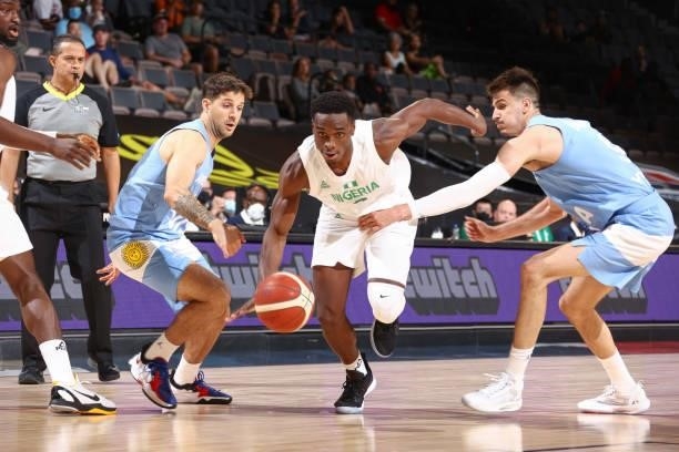 Calab Agada of the Nigeria Men's National Team handles the ball during the game against the Argentina Men's National Team on July 12, 2021 at...