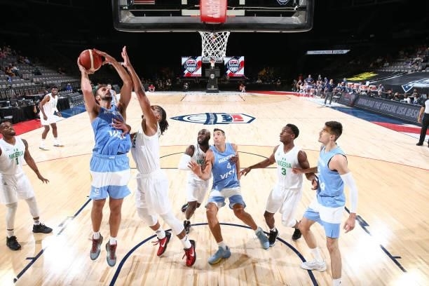 Marcos Delia of the Argentina Men's National Team drives to the basket during the game against the Nigeria Men's National Team on July 12, 2021 at...