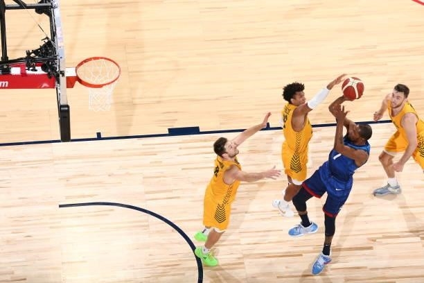 Matisse Thybulle of the Australia Men's National Team plays defense during the game against the USA Men's National Team on July 12, 2021 at Michelob...