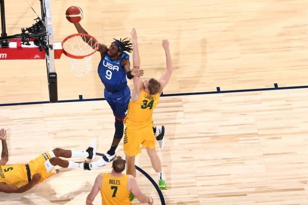 Jerami Grant of the USA Men's National Team shoots the ball during the game against the Australia Men's National Team on July 12, 2021 at Michelob...