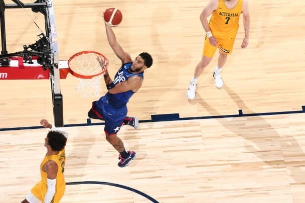 Jayson Tatum of the USA Men's National Team shoots the ball during the game against the Australia Men's National Team on July 12, 2021 at Michelob...
