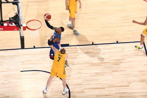 Damian Lillard of the USA Men's National Team shoots the ball during the game against the Australia Men's National Team on July 12, 2021 at Michelob...