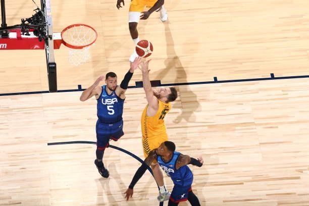 Nic Kay of the Australia Men's National Team shoots the ball during the game against the USA Men's National Team on July 12, 2021 at Michelob ULTRA...