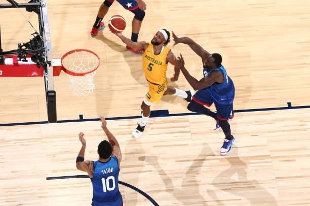 Patty Mills of the Australia Men's National Team shoots the ball during the game against the USA Men's National Team on July 12, 2021 at Michelob...