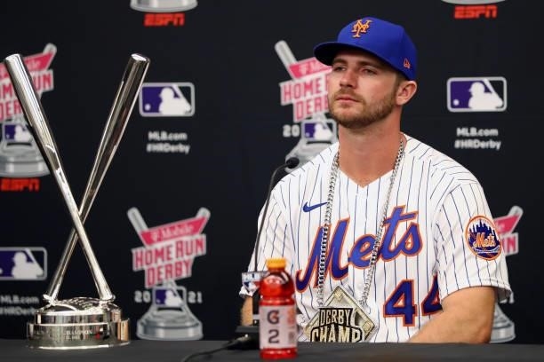 Pete Alonso of the New York Mets speaks to the media after winning his second straight home run derby title during the 2021 T-Mobile Home Run Derby...