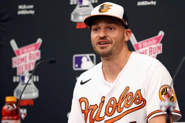 Trey Mancini of the Baltimore Orioles speaks to the media after the 2021 T-Mobile Home Run Derby at Coors Field on Monday, July 12, 2021 in Denver,...