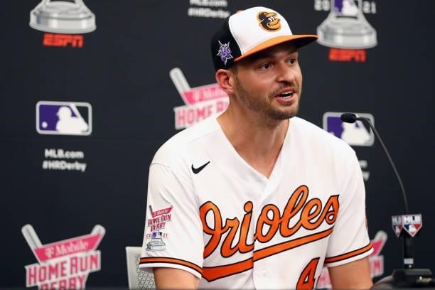 Trey Mancini of the Baltimore Orioles speaks to the media after the 2021 T-Mobile Home Run Derby at Coors Field on Monday, July 12, 2021 in Denver,...