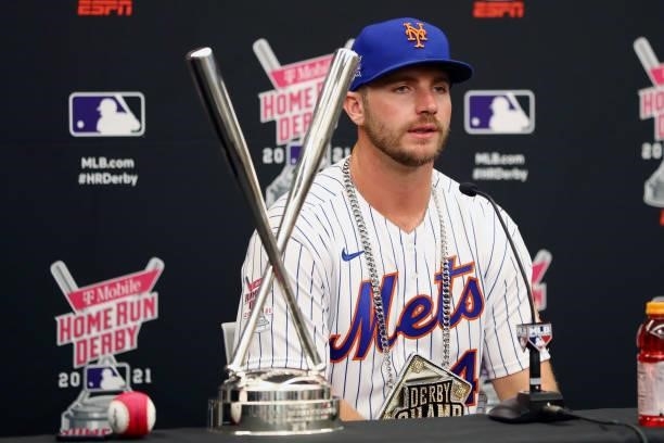 Pete Alonso of the New York Mets speaks to the media after winning his second straight home run derby title during the 2021 T-Mobile Home Run Derby...