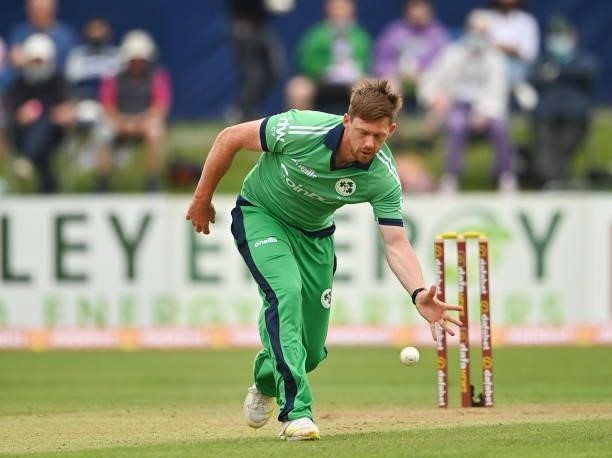 Dublin , Ireland - 13 July 2021; Craig Young of Ireland during the 2nd Dafanews Cup Series One Day International match between Ireland and South...