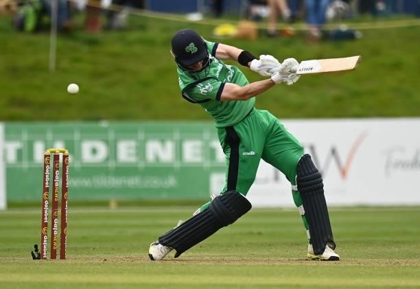 Dublin , Ireland - 13 July 2021; George Dockrell of Ireland bats during the 2nd Dafanews Cup Series One Day International match between Ireland and...