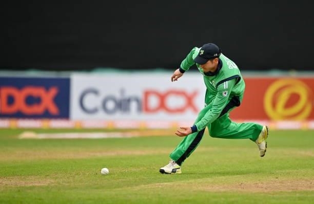 Dublin , Ireland - 13 July 2021; George Dockrell of Ireland fields the ball during the 2nd Dafanews Cup Series One Day International match between...
