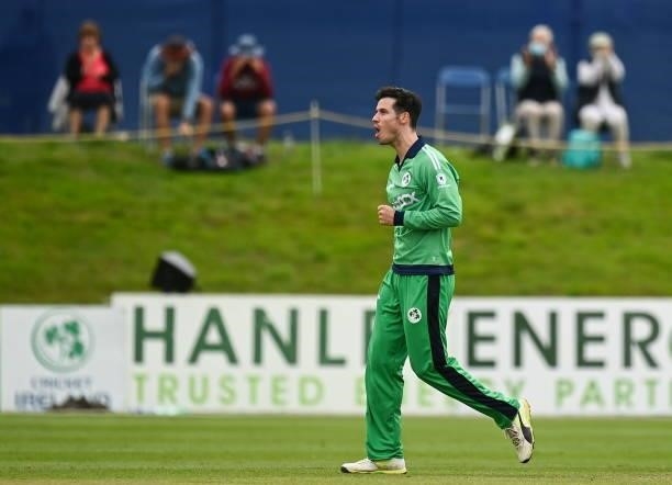 Dublin , Ireland - 13 July 2021; George Dockrell of Ireland celebrates the wicket of Janneman Malan of South Africa during the 2nd Dafanews Cup...