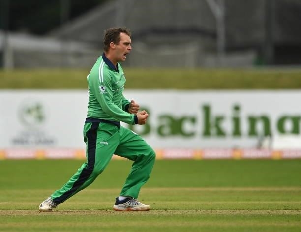 Dublin , Ireland - 13 July 2021; Andrew McBrine of Ireland celebrates after trapping South Africa's Rassie van der Dussen lbw during the 2nd Dafanews...