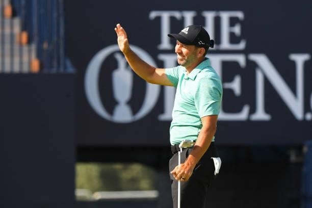 Spain's Sergio Garcia reacts on the 18th green during practice for The 149th British Open Golf Championship at Royal St George's, Sandwich in...