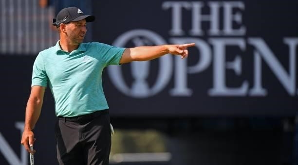 Spain's Sergio Garcia gestures on the 18th green during practice for The 149th British Open Golf Championship at Royal St George's, Sandwich in...