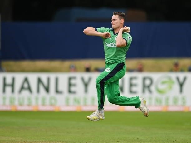 Dublin , Ireland - 13 July 2021; Josh Little of Ireland during the 2nd Dafanews Cup Series One Day International match between Ireland and South...