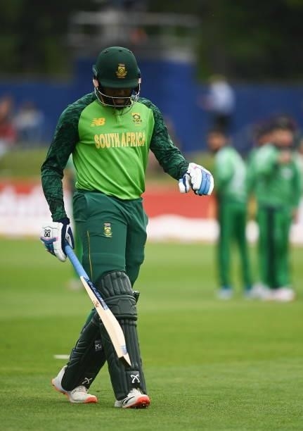 Dublin , Ireland - 13 July 2021; Andile Phehlukwayo of South Africa after being caught out during the 2nd Dafanews Cup Series One Day International...