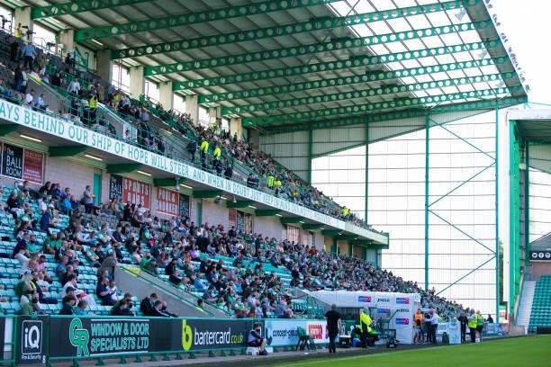 General view of the West Stand as fans return for the first time during a pre-season friendly between Hibernian and Arsenal at Easter Road, on July...
