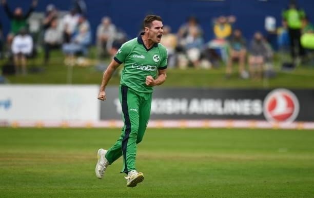 Dublin , Ireland - 13 July 2021; Josh Little of Ireland celebrates the wicket of Kyle Verreynne of South Africa during the 2nd Dafanews Cup Series...