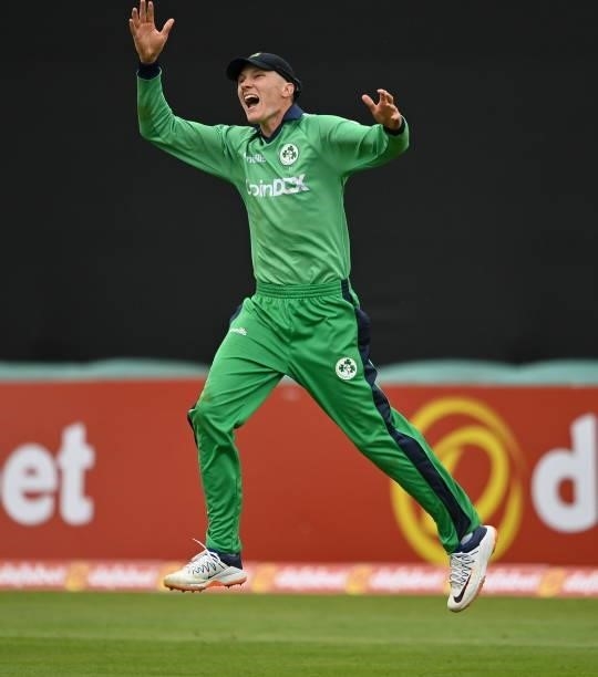 Dublin , Ireland - 13 July 2021; Harry Tector of Ireland celebrates after catching South Africa's David Miller during the 2nd Dafanews Cup Series One...