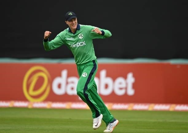 Dublin , Ireland - 13 July 2021; Harry Tector of Ireland celebrates after catching South Africa's David Miller during the 2nd Dafanews Cup Series One...
