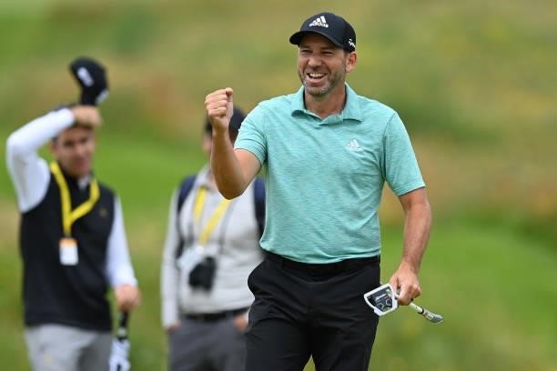 Spain's Sergio Garcia reacts on the 3rd green during a practice round for The 149th British Open Golf Championship at Royal St George's, Sandwich in...