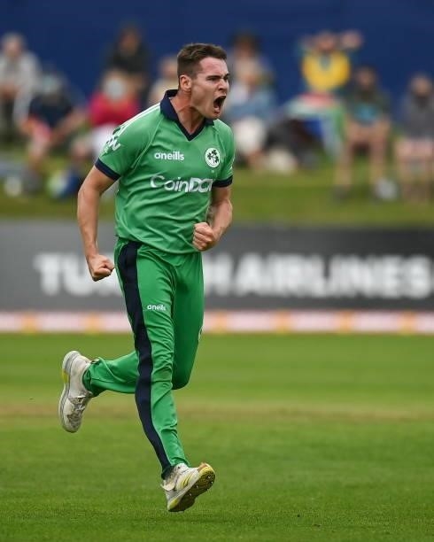 Dublin , Ireland - 13 July 2021; Josh Little of Ireland celebrates the wicket of Kyle Verreynne of South Africa during the 2nd Dafanews Cup Series...