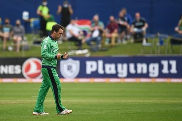 Dublin , Ireland - 13 July 2021; Andrew McBrine of Ireland celebrates the wicket of Andile Phehlukwayo of South Africa during the 2nd Dafanews Cup...