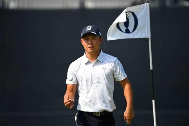 Japan's Ryosuke Kinoshita finishes up on the 18th green after a practice round for The 149th British Open Golf Championship at Royal St George's,...