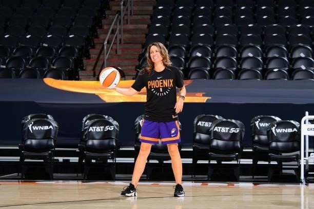 Assistant Coach, Julie Hairgrove of the Phoenix Mercury smiles before the game against the Seattle Storm on July 9, 2021 at Phoenix Suns Arena in...