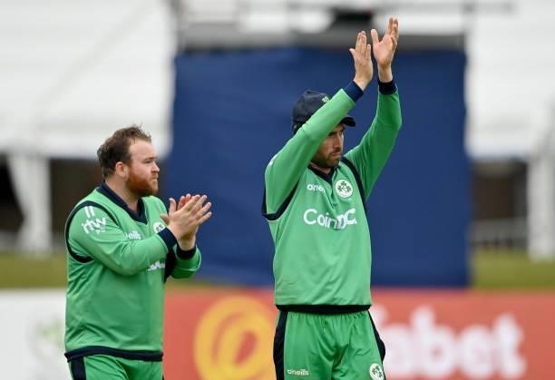 Dublin , Ireland - 13 July 2021; Ireland captain Andrew Balbirnie, right, and Paul Stirling after their side's victory over South Africa during the...