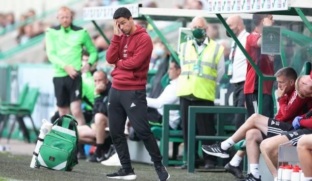 Mikel Arteta manager of Arsenal looks on during the pre season friendly between Hibernian and Arsenal at Easter Road on July 13, 2021 in Edinburgh,...