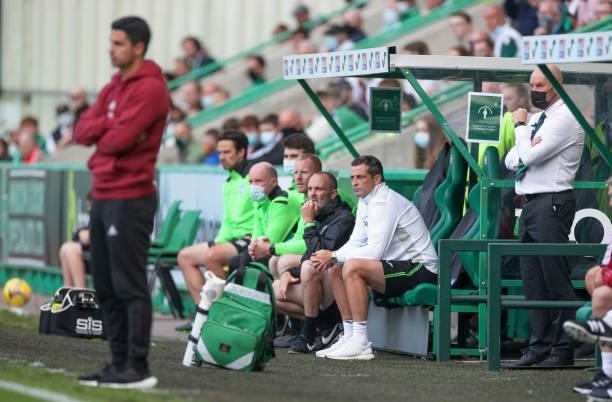 Jack Ross manager of Hibernian looks on during the pre season friendly between Hibernian and Arsenal at Easter Road on July 13, 2021 in Edinburgh,...