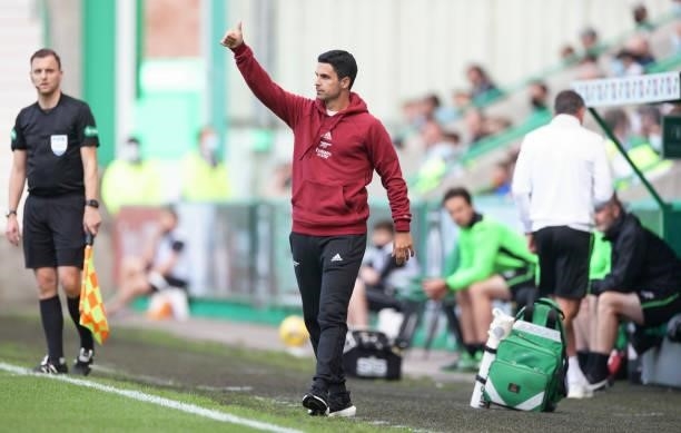 Arsenal manager Mikel Arteta looks on before the Pre-Season Friendly match between Hibernian v Arsenal at Easter Road on July 13, 2021 in Edinburgh,...