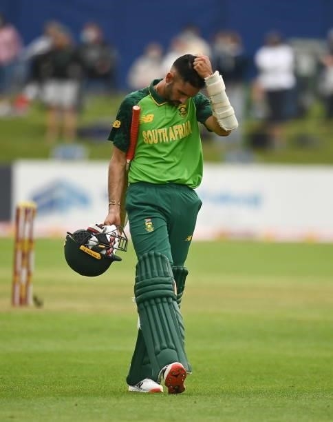 Dublin , Ireland - 13 July 2021; Keshav Maharaj of South Africa looks dejected after losing his wicket during the 2nd Dafanews Cup Series One Day...